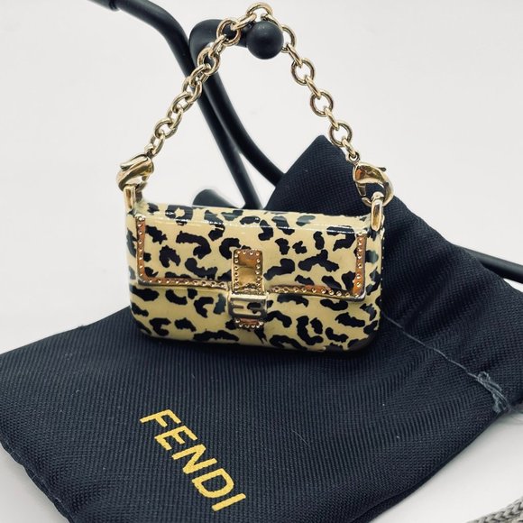 FENDI Leopard Print Enamel and Gold Mini-Purse Charm with Dustbag - Picture 1 of 7